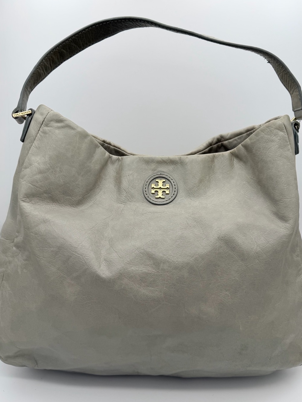 Tory Burch Dana Green Leather Hobo Shoulder Bag Gold Logo Hardware